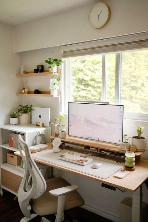 Plants Desk Setup, Small Zen Office Ideas, Minimal Desk Aesthetic, Home Office With Cats, Aestheic Desk, Light Home Office Design, Working From Home Desk, Bedroom Design With Desk, Desk In Room Bedrooms