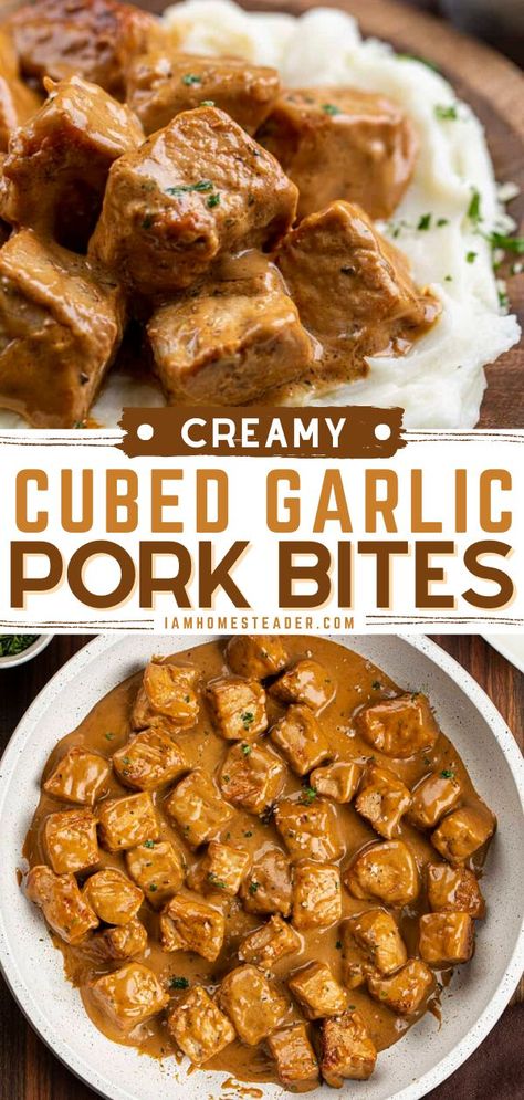 Garlic Pork Bites, Seasoned Pork Chops, Pork Bites, Boneless Pork Chop Recipes, Garlic Pork, Pork Chop Dinner, Creamy Garlic Sauce, Pork Dinner, Easy Pork