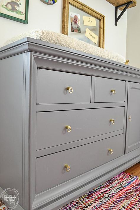 Update to a Nursery Dresser and Changing Table - Refresh Living Bedroom Dresser Makeover, Grey Painted Dresser, Cherry Bedroom Furniture, Dresser Hardware, Gray Dresser, Cherry Wood Furniture, Vintage Bedroom Furniture, Grey Bedroom Furniture, Bedroom Furniture Makeover