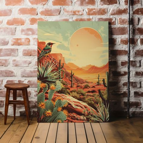 Introducing our Desert Sunset Art print. Bring the breathtaking beauty of the Southwest into your space with this museum-quality desert landscape canvas wrap. Featuring a vibrant desert scene with detailed cactus plants and a stunning sunset, this canvas print is perfect for adding a touch of nature's serenity to your home or office decor. 🌵 High-quality museum-grade canvas wrap for vivid and long-lasting colors. 🎨 Features a captivating desert landscape with lush cactus details and a stunning Arizona Inspired Bedroom, Mid Century Southwest Decor, Boho Southwest Decor, Living Room Painting Ideas, Western Apartment, Desert Sunset Art, Modern Southwest Decor, Landscape Cactus, Desert Home Decor