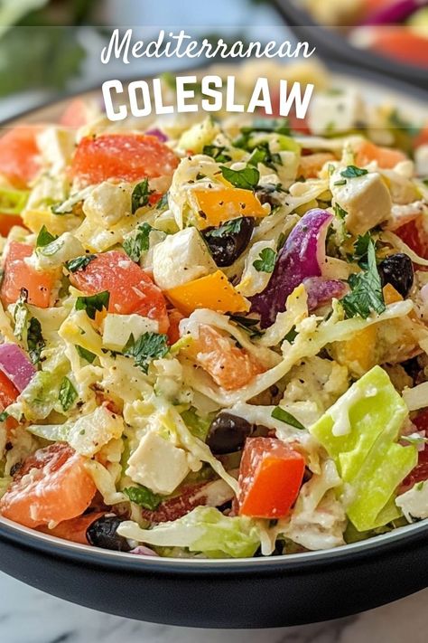 Refresh your meals with this crunchy and flavorful Mediterranean Coleslaw! Made with fresh veggies and a zesty lemon dressing, it's the perfect side dish for summer BBQs or picnics. Easy to make and healthy, you'll love this vibrant twist on a classic dish! Perfect for meal prep or adding a colorful touch to your table. Enjoy this delicious slaw today! Mediterranean Cabbage Salad, Slaw Salad Recipes, Mediterranean Coleslaw, Mediterranean Side Dishes, Greek Side Dishes, Skip It, Crunchy Salad, Side Dish Recipes Easy, Black Olives