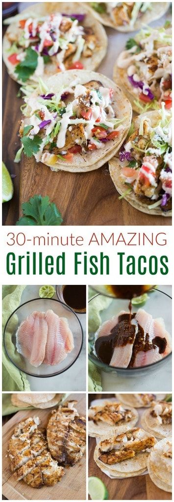 AMAZING and healthy Grilled Fish Tacos loaded with all the best toppings, including cabbage, pico de gallo and a simple homemade white sauce, or "crema". This easy dinner recipe is can be made in less than 30 minutes! #tacos #fish #grilled #30minutemeal #easy #dinner #Mexican #tilapia #mahimahi #halibut #best via @betrfromscratch Homemade White Sauce, Grilled Fish Tacos, Healthy Grilled, Fish Tacos Recipe, Healthy Grilling, Grilled Fish, White Sauce, Fish Tacos, Mahi Mahi