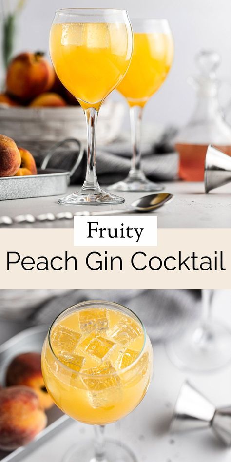 This fruity, peach gin cocktail is the best way to use up your leftover peaches. Fresh peach syrup gives this drink an intense peach flavor that pairs so well with a very slight taste of gin. With a dash of club soda for a bit of fizz, this is the perfect end-of-summer and start-of-fall cocktail. Peach Syrup Cocktail, Cocktails With Peach Syrup, Fruity Gin Cocktails, Peach Gin Cocktail, Peach Juice Cocktail, Leftover Peaches, Gin Mixed Drinks, Easy Gin Cocktails, Best Gin Cocktails