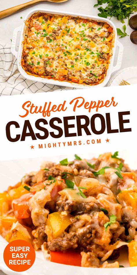 Stuffed Pepper Casserole Stuffed Bell Peppers Ground Beef, Pepper Casserole, Stuffed Pepper Casserole, Stuffed Pepper, Kitchen Time, Ground Beef Casserole, Super Easy Recipes, Easy Casserole, Easy Family Meals