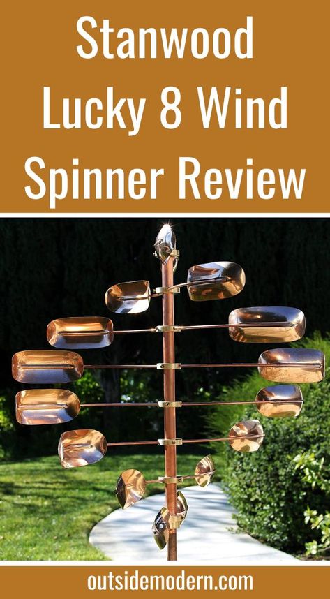 The Stanwood Lucky 8 Wind Spinner [Amazon Link] is a beautiful, hypnotic kinetic sculpture, sure to add to the aesthetic of virtually any garden or outdoor space. This wind sculpture is one of the most interesting designs around and is forged out of pure brass and copper. It spins in a clever double helix pattern, which gives the sculpture great majesty, grace, and elegance. Because of its shine and overall beauty, this wind spinner is sure to look wonderful wherever it is placed. Kinetic Wind Sculpture, Wind Sculptures, Double Helix, Kinetic Sculpture, Patio Spaces, Wind Spinners, Garden Accessories, Helix, Yard Art