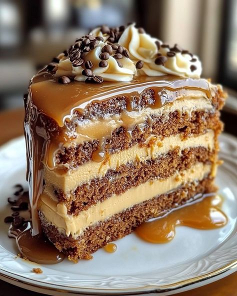 ☕ Gooey Coffee Caramel Cake 🍰 Ingredients - 1 1/2 cups flour - 1 cup sugar - 1/2 cup butter, melted - 1/2 cup brewed coffee - 1/2 cup caramel sauce - 2 eggs - 1 teaspoon vanilla extract - 1 teaspoon baking powder - 1/4 teaspoon salt Instructions 1. Preheat oven to 350°F (175°C) and grease a 9-inch round cake pan. 2. In a large bowl, mix together melted butter, sugar, and vanilla extract. 3. Add the eggs, one at a time, and beat until smooth. 4. Stir in brewed coffee and carame... Coffee Caramel Cake, Vanilla Caramel Cake, Coffee Flavored Cake, Salted Caramel Cake, Coffee Caramel, Cake Cafe, Caramel Desserts, Caramel Cake, Different Cakes