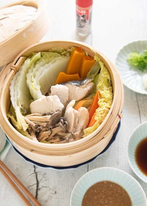 Steamed Chicken and Fish with Vegetables - RecipeTin Japan Bamboo Steamer Recipes, Fish With Vegetables, Chinese Steamed Fish, Japanese Home Cooking, Pickled Celery, Whole Fish Recipes, Fish And Vegetables, White Sauce Recipes, Chicken Tenderloin