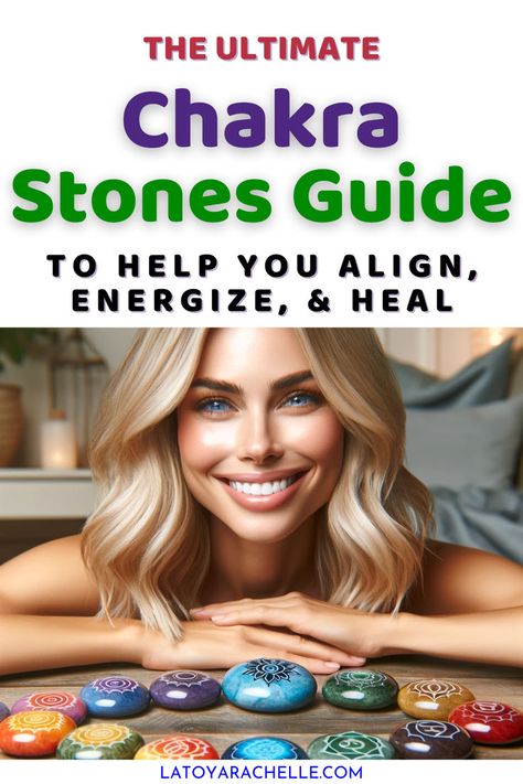 text reads - the ultimate chakra stones guide to help you align, energize, and heal Stones Meanings, Chakra Stones Healing Crystals, Crystals Meanings, 7 Chakra Stones, Chakra Health, The 7 Chakras, Chakra Affirmations, Find Inner Peace, Chakra Colors