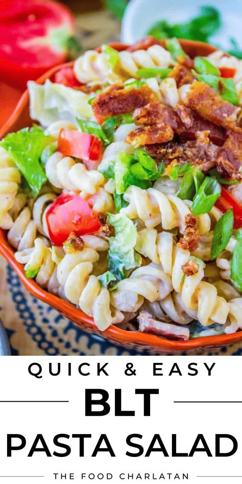 Easy BLT Pasta Salad from The Food Charlatan. This 30-minute no-brainer side dish is perfect to throw together right before the potluck! And I promise you, there will be NO leftovers. Bacon, lettuce, and tomato have never been so right together. Add some grilled or rotisserie chicken or shrimp to make it a quick dinner. It's ideal for Memorial Day, BBQs, picnics, potlucks, lunches, Father's Day, and anyone who wants another way to eat the already perfect BLT. Blt Salad With Pasta, Deli Macaroni Salad Recipe, Easy Blt Pasta Salad, Healthy Blt, Blt Pasta Salad Recipe, Perfect Blt, Blt Pasta Salad, Blt Pasta, Blt Salad