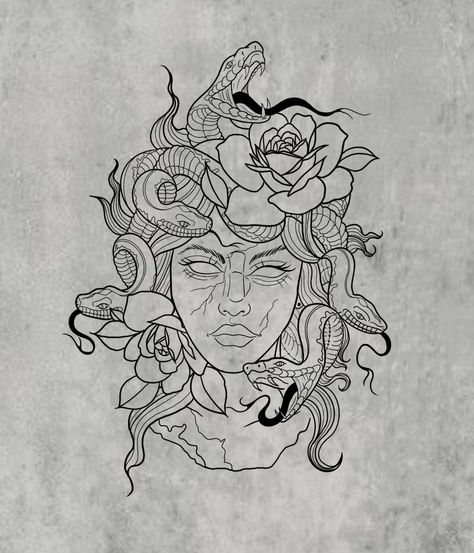 Small Medusa Tattoo With Flowers, Medusa Tattoo Flowers, Medusa With Flowers Tattoo, Medusa Tattoo Sketch, Medusa Tattoo Stencil, Medusa Drawing, Cute Thigh Tattoos, Medusa Tattoo Design, Medusa Art