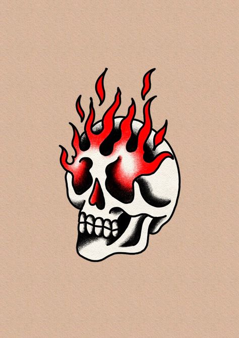 Skull Traditional Tattoo Design, Trad Skull Tattoo Design, Fire Tattoo Traditional, Skull Tattoos Traditional, Traditional Skull Tattoo Old School, Traditional Skull Flash, Old School Skull Tattoo Design, Skull On Fire Tattoo, Skull American Traditional Tattoo