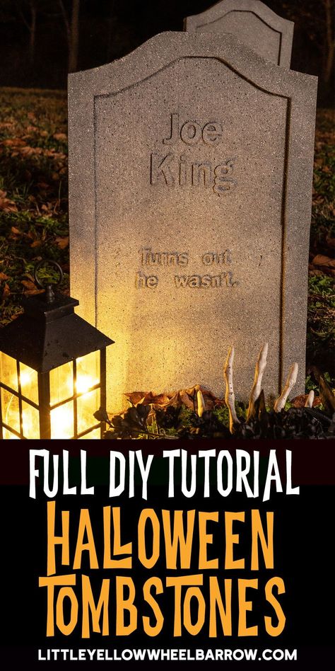 Styrofoam Gravestones Diy, Foam Halloween Decor, Gravestones Diy, Foam Gravestones, Diy Gravestones, Foam Decor, Easy Diy Decorations, Halloween Tombstones Diy, Tombstone Diy