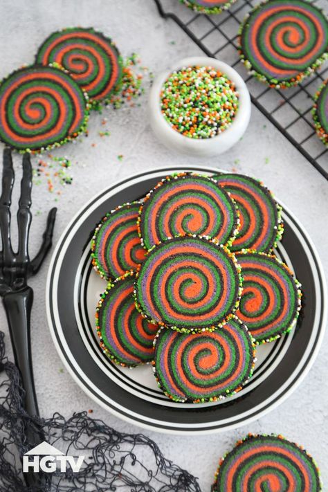 Hypnotizing Swirl, Fall Winter Desserts, Slice And Bake Cookies, Swirl Cookies, Orange Green Purple, Healthy Halloween Treats, Colorful Halloween, Gooey Cookies, Halloween Dessert