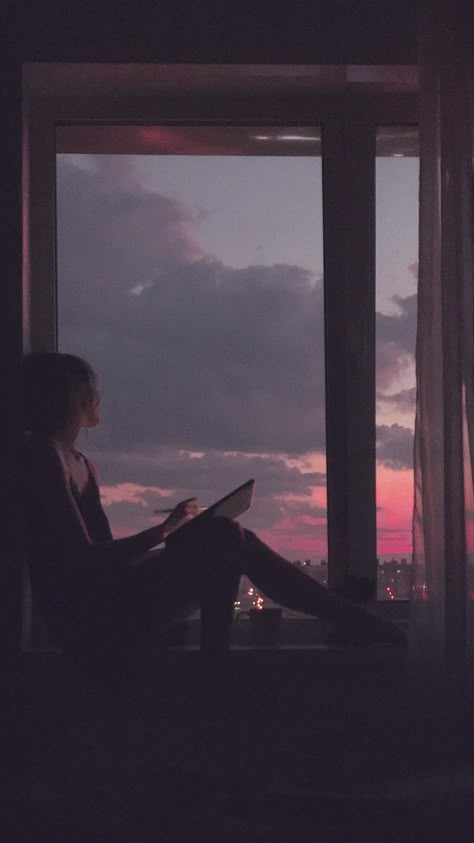 Girl In Window Aesthetic, Looking Out The Window Drawing, Looking Out The Window Aesthetic, Loner Girl Aesthetic, Girl Looking Out Window, Window Poses, Serenity Aesthetic, Sunset Window, Neon Sunset