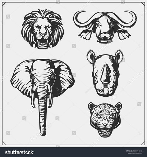 Set of Big Five animals. Lion, elephant, rhino, leopard and buffalo. #Ad , #sponsored, #animals#Lion#Set#Big Big Five Animals, Sketch Icon, Giant Animals, Animal Icon, Safari Adventure, Vector Sketch, Black Animals, Animal Sketches, Arte Animal