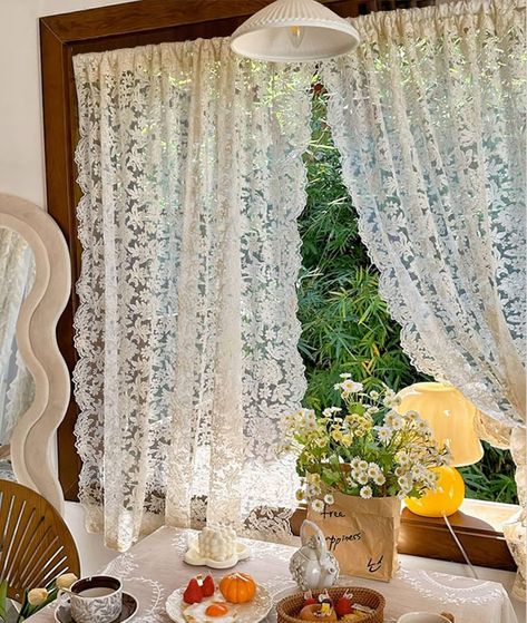 Amazon.com: JESSANS 2pcs French Curtains Lace Gauze for Living Room Cream Retro Wavy Edge Bedroom Bay Window Girl Embroidery Curtain Door White Tulle Rod Pocket (W51XH78.7IN) : Home & Kitchen Lace Curtains Bedroom, French Lace Curtains, Living Room Cream, Bedroom Bay Window, White Lace Curtains, Vintage Lace Curtains, Curtain Door, Fall Room Decor, Lace Window