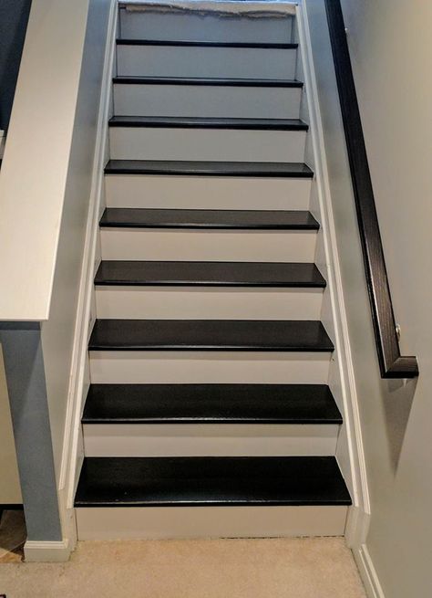 Staircase Revitalized with Java Gel Stain | General Finishes Design Center Gel Stain Stairs, Stair Skirt Board, Stain Stairs, Stair Skirt, General Finishes Java Gel Stain, Stairs Skirting, General Finishes Gel Stain, Java Gel Stains, Java Gel