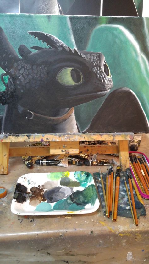 Toothless Dragon Painting, How To Train Your Dragon Painting, Httyd Painting, Dragon Painting Ideas, How To Train Your Dragon Drawings, Toothless Painting, Httyd Funny, Toothless And Stitch, Desenhos Love