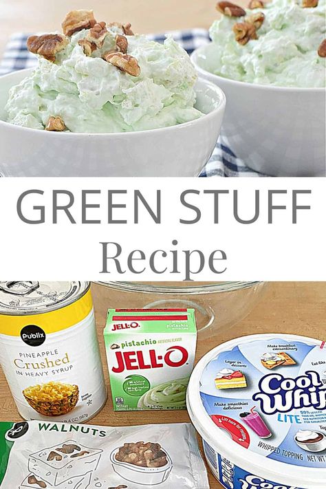 Our green stuff recipe, or more commonly called Watergate Salad, is a family favorite and so easy to make with just three ingredients, including pistachio pudding and crushed pineapple. Green Pudding Salad, Pineapple Pistachio Fluff, Pistachio Pudding Dessert Salad, Pistachio Salad Pineapple, Green Stuff Dessert, Sugar Free Pistachio Pudding Dessert, Green Stuff Recipe, Green Jello Salad Pineapple, Green Fluff Salad