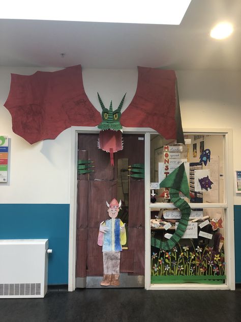 How to train your dragon world book day classroom door Miss Baines 2019 How To Train Your Dragon Display Ks2, Dragon Door Decorations Classroom, Dragon Door Decoration, How To Train Your Dragon Classroom, Dragon Classroom, Fairytale Classroom, Art Classroom Door, Dragon Display, Reading Nook Classroom