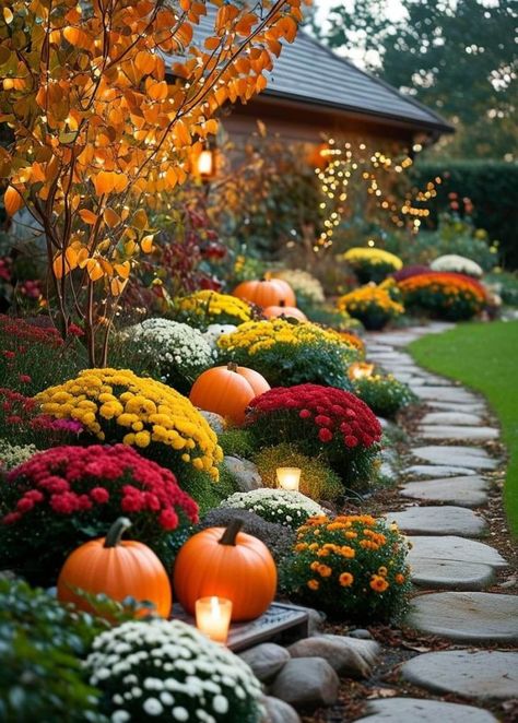 Fall Landscape Ideas Front Yards, Fall Landscape Ideas, Craftsman Garden, Craftsman Landscaping, Fall Landscaping, Fall Landscape, Front Yards, Garden Whimsy, Classic Architecture