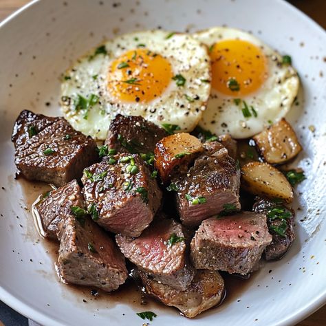 Good Morning, Breakfast Lovers! Are you ready to start your day with a meal that’s as satisfying as it is simple? Introducing Easy Garlic Steak Bites and Eggs for Breakfast—a Steak Bites And Eggs, Egg And Steak Breakfast, Garlic Steak Bites, Breakfast Feast, Carrot Cake Cheesecake Recipe, Steak Breakfast, Garlic Steak, Breakfast Sides, Eggs For Breakfast