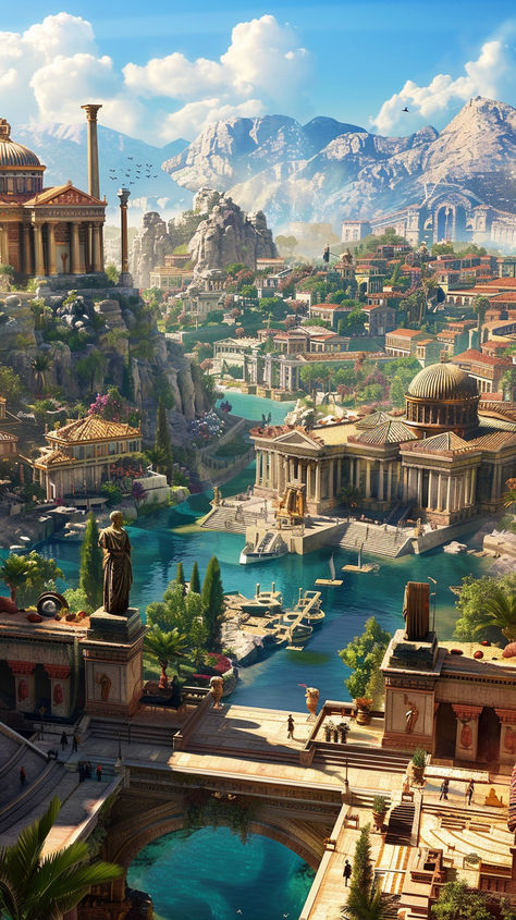 A breathtaking view of an ancient Greek city with stunning architecture and statues, surrounded by water canals. A place where history and beauty come together. Inspired by Assassin's Creed Odyssey, this scene is a perfect blend of ancient Greek art and monumental architecture. 🏛️🌊⛰️ #AncientGreece #GreekArchitecture #HistoricalBeauty #AssassinsCreedOdyssey #CityscapeViews #GreekStatues #WaterCanals #MajesticViews #GreekArt #HistoricalLandmarks Babylon City, Babylon Art, Ancient Babylon, Ancient Greek City, Gardens Of Babylon, Monumental Architecture, Greek Statues, Ancient Greek Art, Ancient Greek Architecture