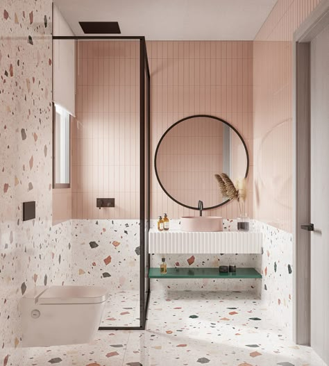 51 Bathroom Color Ideas To Enliven Your Daily Routine Maisonette Ideas, Terrazzo Bathroom Design, Bathroom Terrazzo, Modern Victorian Farmhouse, Guest Ensuite, Bathroom Color Ideas, Pastel Bathroom, Kids Bathroom Design, Terrazzo Bathroom