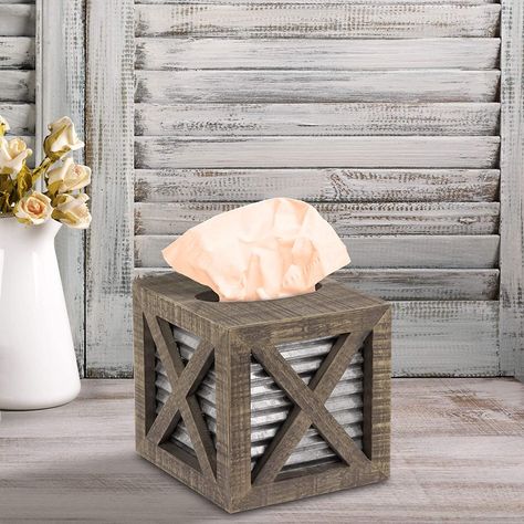 Autumn Alley Barn Door Rustic Square Tissue Box Cover | Farmhouse Bathroom Accessories | Rustic Bathroom Décor Tissue Holder | Wood Tissue Box Cover with Galvanized Decor Western Bathroom Decor, Farmhouse Bathroom Accessories, Square Tissue Box Cover, Galvanized Decor, Barn Door Designs, Rustic Bathroom Decor, World Decor, Tissue Box Holder, Tissue Box Cover