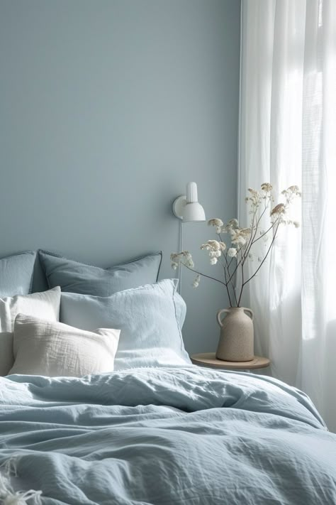 Soft Blue Bedroom Decor, Ice Blue Room Ideas, Pale Blue Decor, Soft Blue Bedroom Aesthetic, Minimal Beds, Blue Pastel Bedroom, Soft Blue Room, Light Blue Room Ideas Bedroom, Scandinavian Bedroom Inspiration