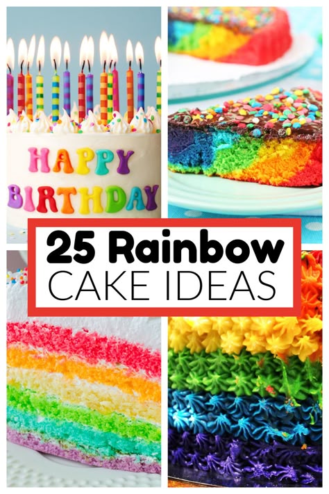 A collection of colorful rainbow cake ideas. These rainbow cake recipes are fun and perfect for a party or celebration. Color Party Cake Ideas, Diy Rainbow Cake Easy, Rainbow Cake Icing, Rainbow Cake Ideas Birthdays, Kids Rainbow Cake, Rainbow Sheet Cake Birthday, Rainbow Dinosaur Cake, Rainbow Cake For Boys, Colorful Cakes Birthday