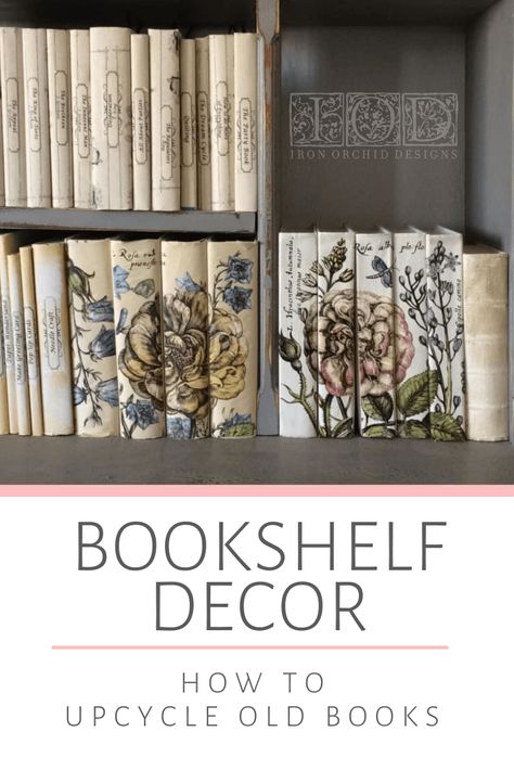 Look no further for a fabulous DIY bookshelf decor idea! So many ways to customize this book craft project to match your home decor style with IOD Transfers and Stamps. Iod Transfers On Books, Antique Book Display Ideas, How To Use Books For Decor, Cover Books For Decor, Decorating With Books Ideas Living Rooms, How To Cover Books With Paper, Vintage Book Display, Recover Books Diy, Iod Brocante Transfer Ideas