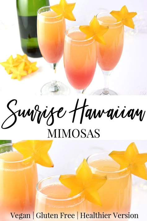 Sunrise Hawaiian Mimosas with star fruit garnish and lower sugar champagne. Beach Brunch Ideas, Hawaiian Brunch Ideas, Fruit For Mimosa Bar, Healthy Mimosa, Easy Mimosa Recipe, Hawaiian Brunch, Hawaiian Mimosa, Bahama Mama Drink, Mimosa Sunrise