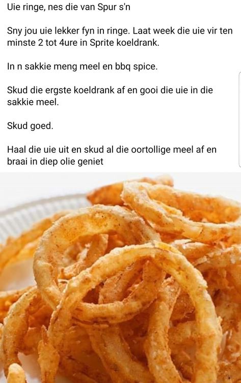 Spur Onion Rings, Spur Onion Rings Recipe, South African Recipes Afrikaanse Resepte, African Cooking, Veg Dishes, South African Recipes, Delish Recipes, Cooking Recipes Desserts, Tart Recipes