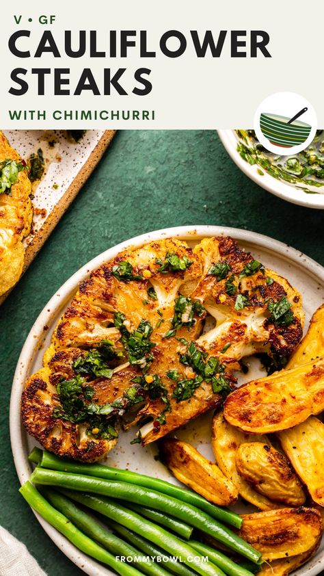 Roasted Cauliflower Steaks seared until tender, then drizzled with fresh chimichurri sauce. Serve as a show-stopping main for date nights in or weeknight meals the whole family will love. Vegan, Gluten-Free. Vegetables Ideas, Cauliflower Steak, Roasted Cauliflower Steaks, Paleo Cauliflower, Vegan Steak, Roasted Parsnips, Garlic Roasted Potatoes, Steak And Mushrooms, Cauliflower Steaks