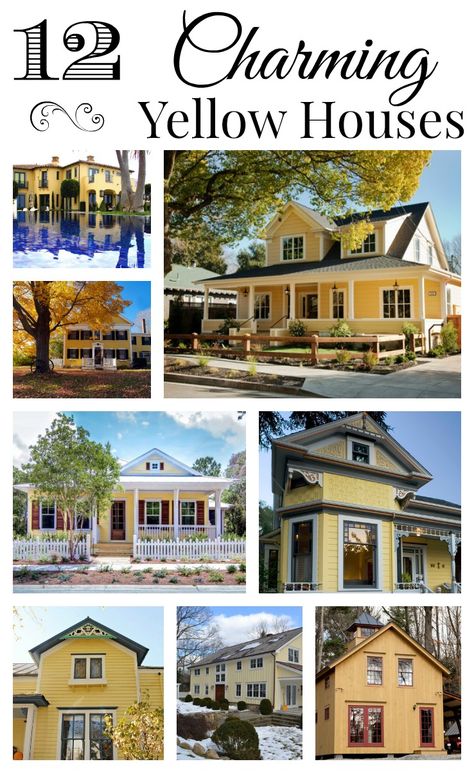 Collection of 12 Charming Yellow Houses. See them all! Yellow House Exterior, Farmhouse Exterior Colors, Yellow Paint Colors, Yellow Cottage, Farmhouse Paint Colors, Exterior House Color, Siding Colors, Farmhouse Paint, Yellow House