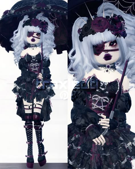 Femme Fatale Aesthetic Dti, Goth Outfit Female, Gothic Dti Outfit No Vip, Freeplay Dress To Impress, Gothic Dress To Impress Outfit, Gothic Outfit Dress To Impress, Gothic Dti Outfit, Mall Goth Dti, Lolita Fashion Dress To Impress