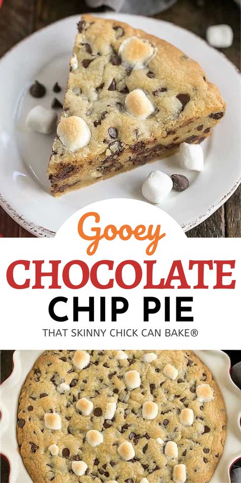 This easy to make Gooey Chocolate Chip Pie is a giant soft, chewy and delicious cookie filled with chocolate chips and mini marshmallow baked up in a pie plate. Every wedge tastes like a thick, chewy chocolate chip cookie with an overload of chocolate!! #dessert #cookies #pie #cookiepie #chocolatechippie #chocolatechips #marshmallows #thatskinnychickcanbake Chocolate Chip Cookie Pie, Desserts With Chocolate Chips, Chocolate Chip Pie, Gooey Chocolate Chip Cookies, Giant Chocolate Chip Cookie, Chocolate Chip Cookie Cake, Giant Cookie, Chewy Chocolate Chip Cookies, Chocolate Chip Recipes