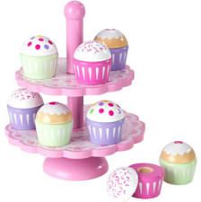 CUPCAKES AND FLUTED CUPCAKE STAND  Decorate the cupcakes with the mix and match tops and bottoms,  then arrange them on the two tier cupcake stand. Ikea Duktig, Cupcake Tiers Stand, Cake Tower, Kid Cupcakes, Wooden Cup, Play Kitchen Sets, Melissa And Doug, Pretend Play Toys, Cupcake Stand