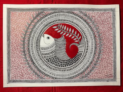 Fish a symbol of prosperity done with acrylic colours on paper and nib Madhubani Fish Paintings, Madhubani Fish, Madhubani Motifs, Warli Paintings, Kalamkari Art, Fish Paintings, Painting Fish, Pichwai Painting, Pen Work