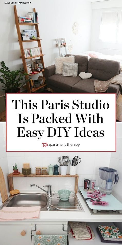 Paris Studio Apartment, Small Studio Apartment Decorating, Tiny Studio Apartments, Mini Apartments, Easy Diy Ideas, Studio Apartment Living, Apartment Hacks, Studio Apartment Divider, Apartment Makeover