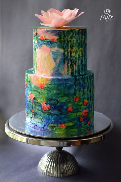 Pond Cake, Hand Painted Wedding Cake, Painted Wedding Cake, Cake With Flowers, Hand Painted Cakes, Tiered Cake, Crazy Cakes, Beautiful Cake, Painted Cakes