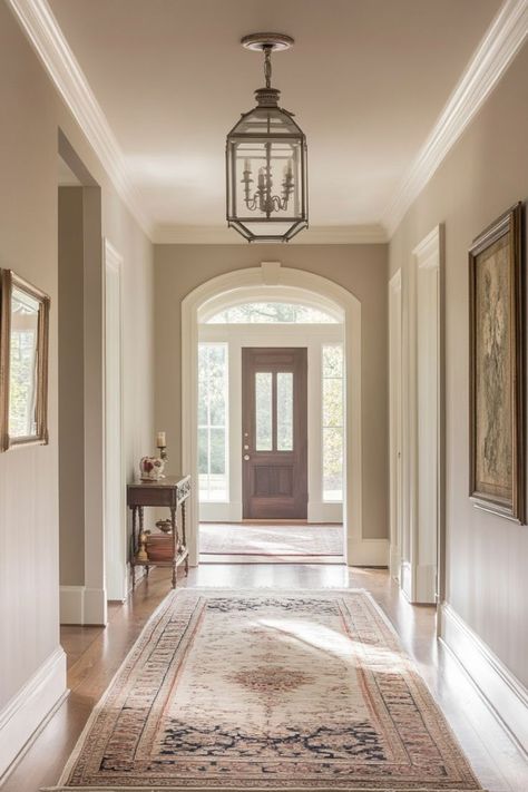 Welcome guests with a stylish and inviting neutral entryway. Combine soft hues of beige and white with natural wood elements for a warm and welcoming first impression. 🚪🌿✨ #NeutralEntryway #WelcomingSpaces #HomeDecor #FirstImpressions Hallway Ideas Beige, Beige Wall White Trim, Colors For Entryway, Neutral Entryway, Yellow Hallway, Art Deco Hallway, Neutral Interior Paint Colors, House Moodboard, Beige Interior