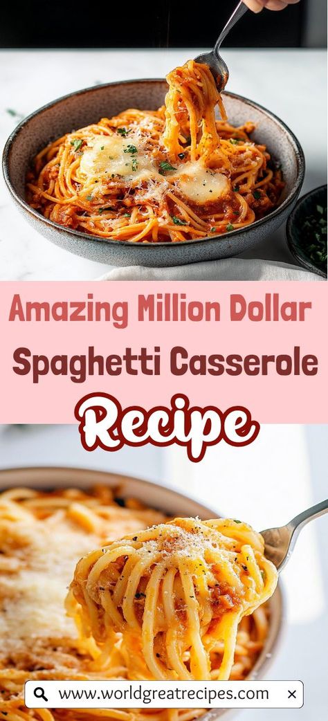 Make your next family gathering unforgettable with this Hearty Million Dollar Casserole. Combining layers of tender spaghetti, flavorful ground beef, and a medley of cheeses, this dish is a crowd-pleaser that feeds a crowd. Perfectly seasoned with Italian herbs, it offers all the comfort and taste of home-cooked meals. Explore tips for ingredient substitutions and serving ideas to make this casserole the star of your next dinner event! Church Ladies Spaghetti Casserole, Spaghetti Hot Dish, Ground Beef Spaghetti Recipes, Italian Casserole Recipes, Spaghetti Beef Recipe, Million Dollar Casserole, Million Dollar Spaghetti Casserole, Quick Easy Family Meals, Spaghetti Casserole Recipe