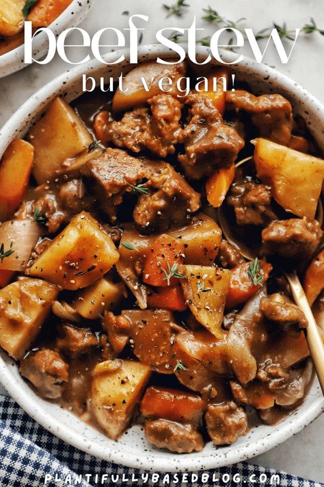 Incredibly Easy Vegan Crockpot "Beef" Stew - Plantifully Based Vegetarian Stew Crockpot, Meatless Beef Stew, Vegetarian Beef Stew, Easy Crockpot Beef Stew, Vegan Stew Recipes, Crockpot Beef Stew, Vegetarian Stew, Vegan Crockpot, Crockpot Stew