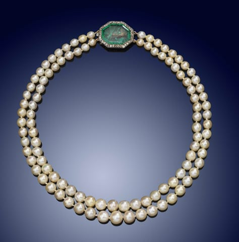 A two row natural pearl necklace A two row natural pearl necklace, the pearls graduate from 5.1 to 8.9mm. With a converted 18th Century octagonal cut emerald clasp, set in silver and gold within a rose cut diamond border. 40cm. In Cartier centre opening case. Accompanied with report number 07130 dated 1st February 2013 from The Gem and Pearl Laboratory (London) stating that the 49 and 53 pearls graduate from 5.1 to 8.9mm and are natural saltwater pearls. The necklace weighs 51.01g (including cla Silver Earrings Outfit, Gems Necklace, Natural Pearl Necklace, The Bling Ring, Necklace Clasp, Pearl Jewels, Mikimoto Pearls, Pearls Jewelry, Bridal Fashion Jewelry