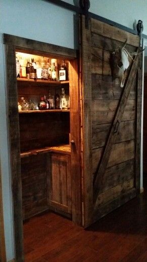 Whiskey Closet Ideas, Turning A Closet Into A Bar, Small Bourbon Bar, Bourbon Closet Ideas, Liquor Closet Ideas, Closet Turned Bar, Beverage Closet, Closet Into Bar, Small Speakeasy Room Ideas