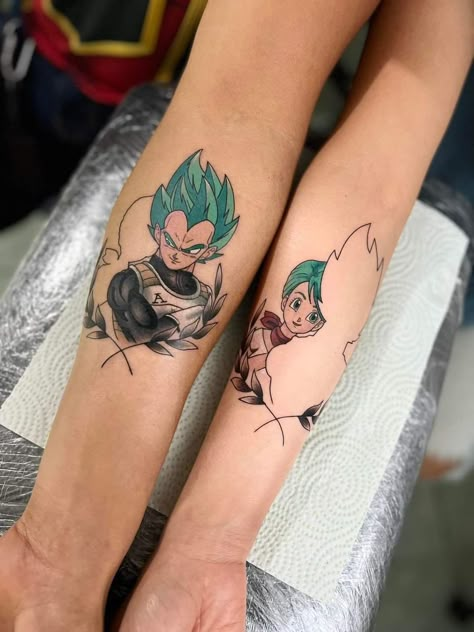 Vegeta And Bulma Tattoo Ideas, Dragon Ball Couple Tattoos, Vegeta Bulma Tattoo, Bulma And Vegeta Tattoo, Vegeta Tattoo Design, Tattoo Parejas, Bulma And Vegeta, Dragon Ball Z Tattoo, Goku Tattoo