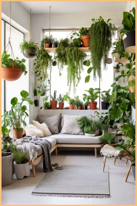 Greenery-filled living room with hanging plants and a cozy seating area. Aesthetic Potted Plants, Plant Space Ideas, Victorian Houseplants, Plant Reading Room, Hanging Indoor Plant Ideas, Plant Filled Room, Indoor Plant Setup, Plant Lounge, Indoor Plant Room