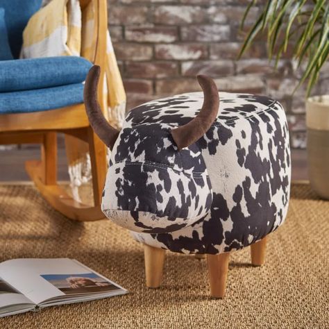 Kids Black Velvet Cow Ottoman — Pier 1 Cow Ottoman, Cowhide Print, Black Ottoman, Velvet Ottoman, White Cow, Foot Stool, Milk Cow, Ottoman In Living Room, Noble House